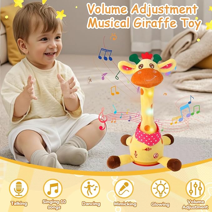 Dancing Talking Musical Giraffe Toy, Tummy Time Toy with Volume Adjustment, Singing Giraffe Stuffed Animal 10 Children's Songs Light Up Toys, Repeating What You Say, Baby Toy