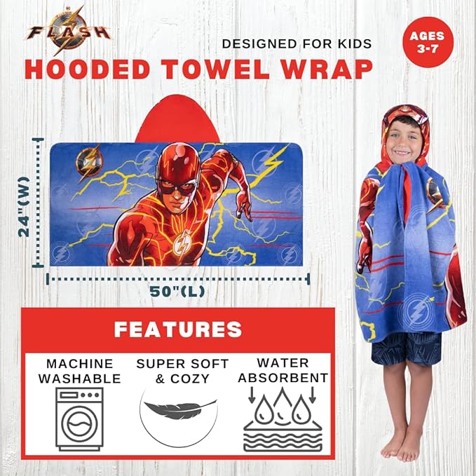 WB The Flash Movie DC Comics Kids Bath/Pool/Beach Soft Cotton Terry Hooded Towel Wrap, 24 in x 50 in, By Franco