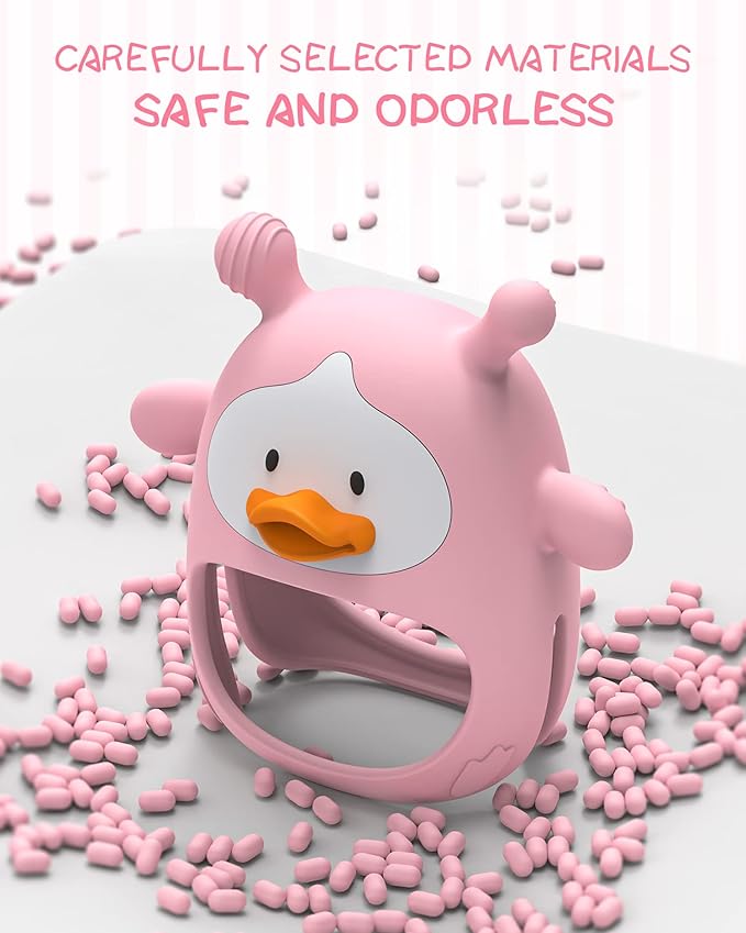 Never Drop Silicone Baby Teether, Hand Pacifier for Sucking Babies 0-6 Months, Soothing Pain Relief, Best Chew Toy for Teething, Mitten for New Born - Pink