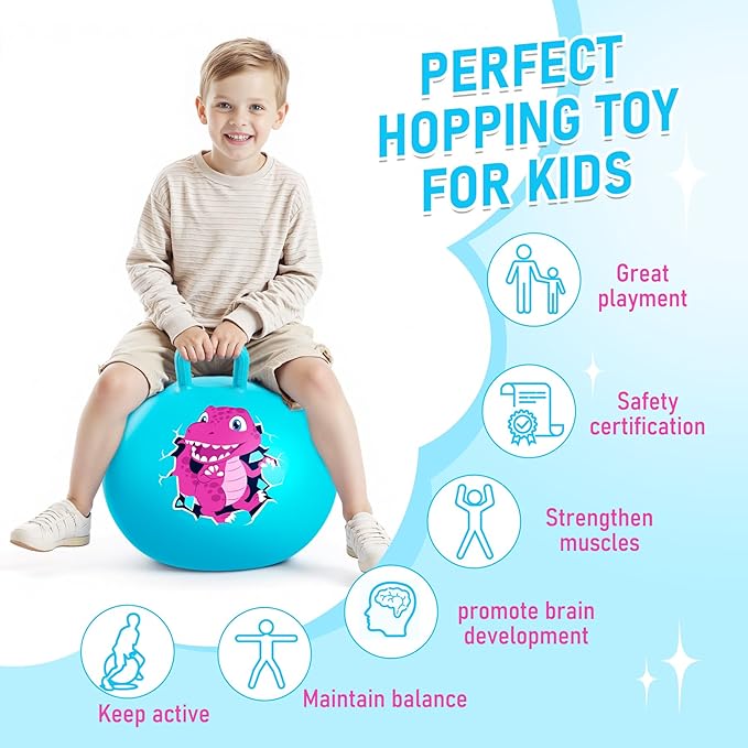 U&C Planet Hopper Ball 18 Inches Bouncy Ball with Handle for Kids Age 3-6 - Blue Dinosaur
