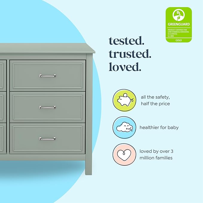 Davinci Charlie 6-Drawer Baby Dresser - GREENGUARD Certified, Wooden Double Chest of Drawers for Kids - Easy to Assemble, Multi-Purpose Storage Dresser for Bedroom, Nursery, Living Room - Light Sage