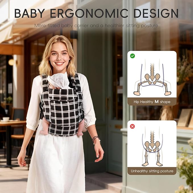 FRUITEAM Baby Carrier, Toddler Carrier with Adjustable Seat Size & Lumbar Support, Ergonomic Baby Carrier Newborn (7-25 Lbs), Easy to Wear, Travel and Hiking Friendly (Black White Check)