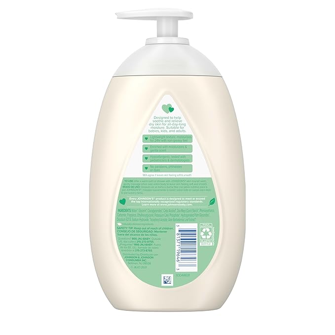 Johnson's Skin Nourish Moisturizing Baby Lotion with Aloe Vera Scent & Vitamin E, Gentle & Lightweight Body Lotion for The Whole Family, Hypoallergenic, Dye-Free, 16.9 fl. oz