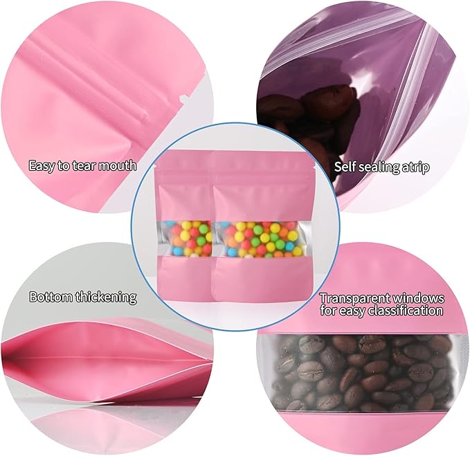 100 Pieces Smell Proof Mylar Resealable Food Storage Bags With Clear Window, Foil Pouch Stand-up for Self Sealing Supplies (Pink, 5.3 x 7.8 Inch)
