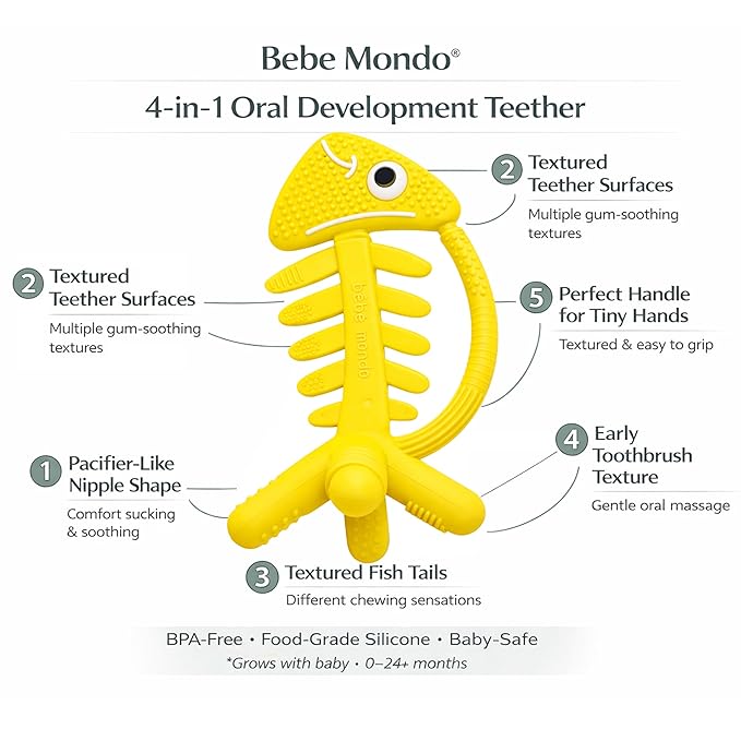 3 in 1 Infant Toys, Baby Teething Toys 3–6 6–12 Months, Teethers for Babies 0–3–6–12 Months for Teething Relief, Baby Gift, Baby Teether Toys, Silicone Sensory Toys, USA Patent Pending, Fish (Yellow)