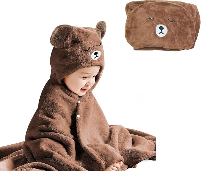 Toddler Bath Towel Baby Towels with Hood 27.5"X55" Ultra Absorbent Soft Bathrobe Blanket Kids Shower Towel for Girls and Boys(Brown Bear)