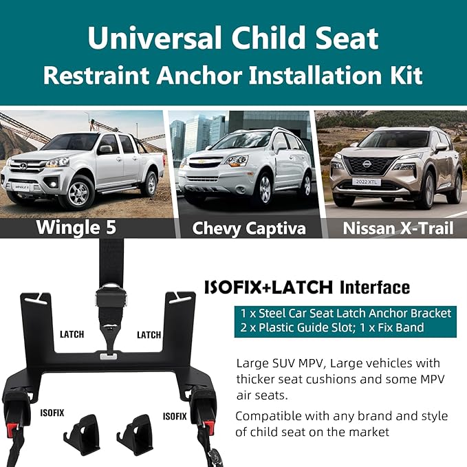 Universal Child Seat Anchor Kit Safe Cars Seat Mount Bracket, Extended Universal ISOFIX Latch Interface Bracket for Large SUVs, MPVs, Off-Road Vehicles with Thick Seats, 335*103*138mm