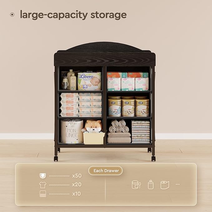 Baby Changing Table Dresser with Wheels, 6-Fabric Drawer Baby Dresser with Changing Table Top, Waterproof Diaper Changing Station & Pad, Mobile Storage Unit, Compact Baby Furniture, Black