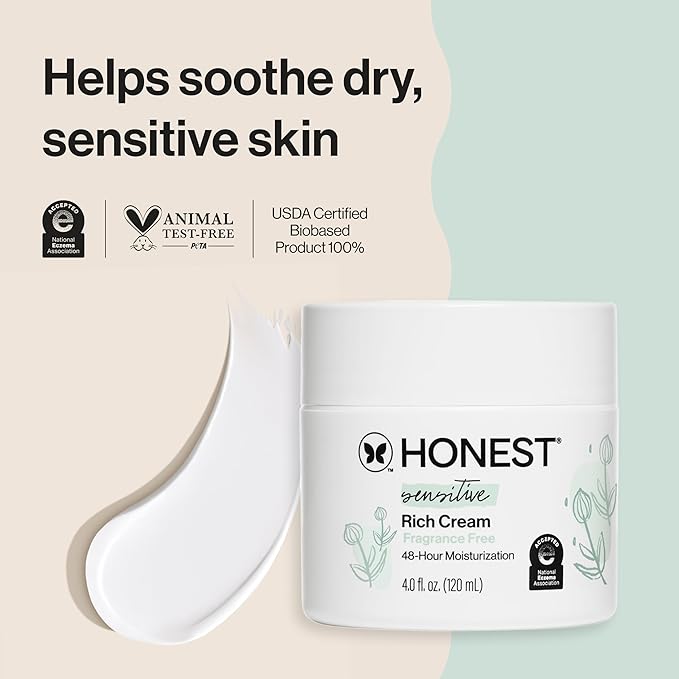 The Honest Company Sensitive Skin Rich Cream, Shea Butter, Blend of Bisabolol + Ginger Root Extract, Safe for Baby's Sensitive Skin, Dermatologist Tested, Hypoallergenic, Fragrance Free, EWG Verified
