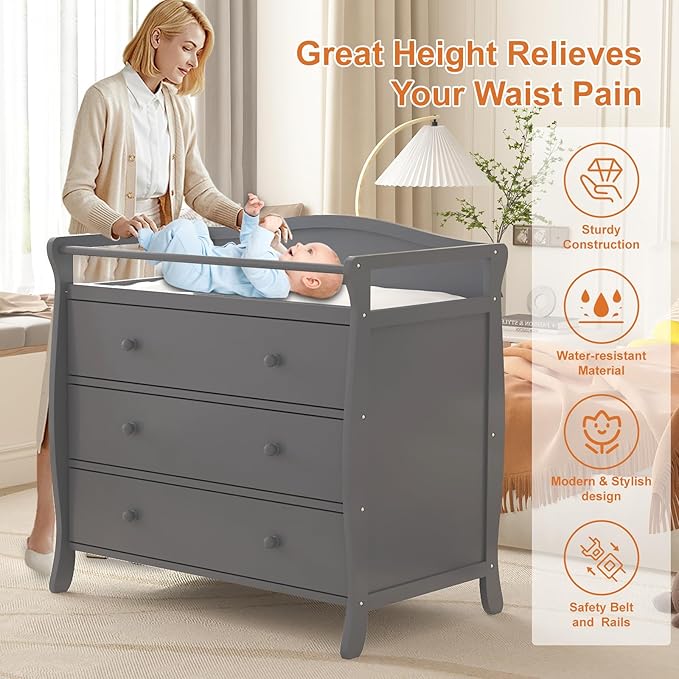 Wooden Diaper Changing Table, Baby Diaper Changing Station Infant Nursing Table with 3 Drawers, Safety Rail & Strap, Modern Baby Changing Table for Bedroom, Nursery