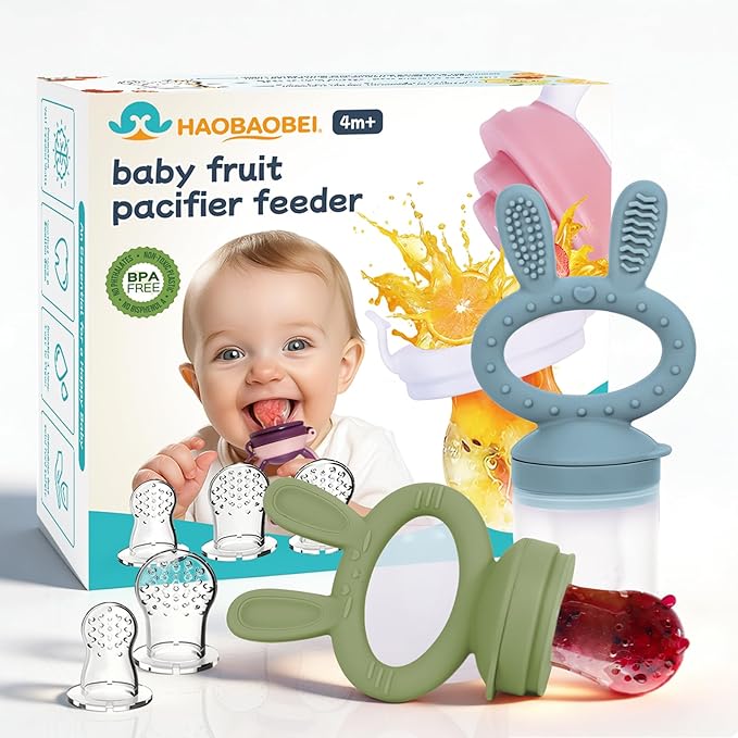 Baby Solids/Frozen Fruit Feeder Pacifier, Infant Teether Toy 4M+, BPA-Free Silicone Pouch & Nipple, Safely Introduce Solids, Teething Relief, 2-Pack - Blue/Green (Rabbit)