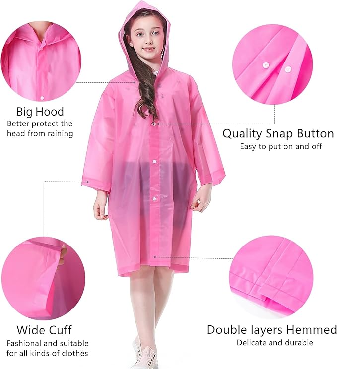 Raincoat Rain Poncho for Kids, 2-5 Pack Reusable EVA Rain Coats for 6-14 Boys Girls, Rain Jackets Gear with Hood