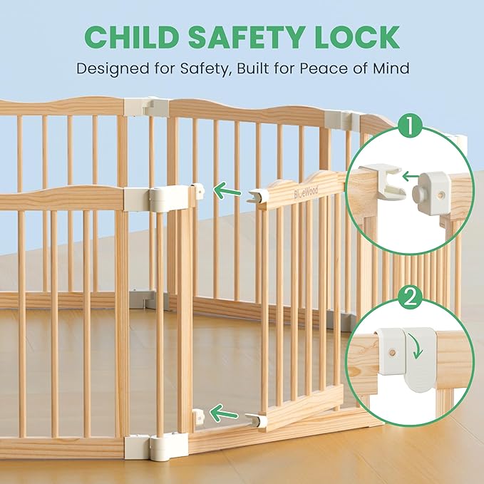 Foldable Wooden Playpen - Adjustable Wood Baby Play Yard with Door, Indoor Large Safety Fence for Babies and Toddlers - Easy Assembly, 83 x 55 x 24 inches, Nature Nest