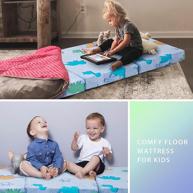 MeMoreCool Foldable Floor Mattress for Kids, Glow Dinosaur Trifold Mat, Kids Folding Mattress Portable Futon, 57x22 Inch Blue