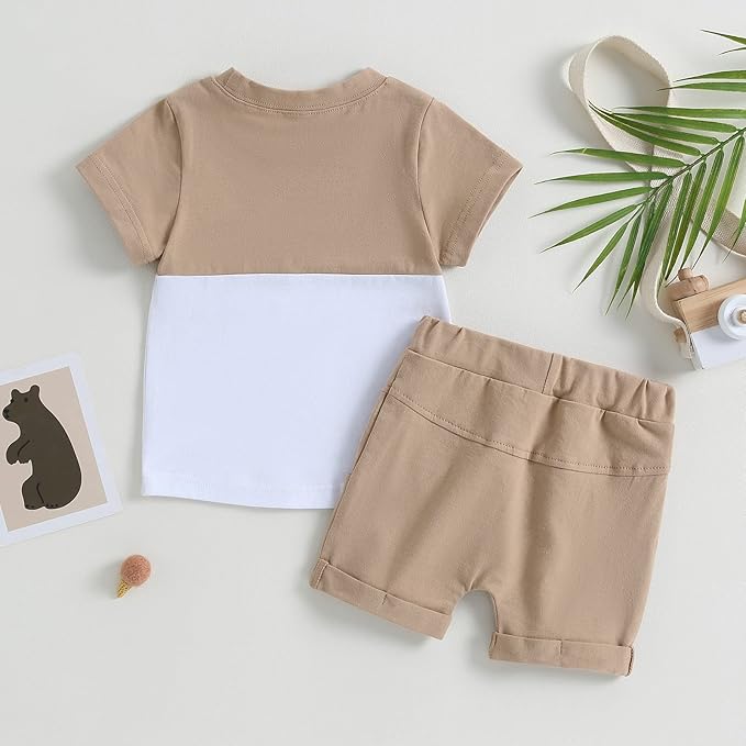 fhutpw Baby Toddler Boy Clothes Summer Outfits 6 12 18 24 Months Patchwork Short Sleeve T Shirt & Shorts Sets with Pockets