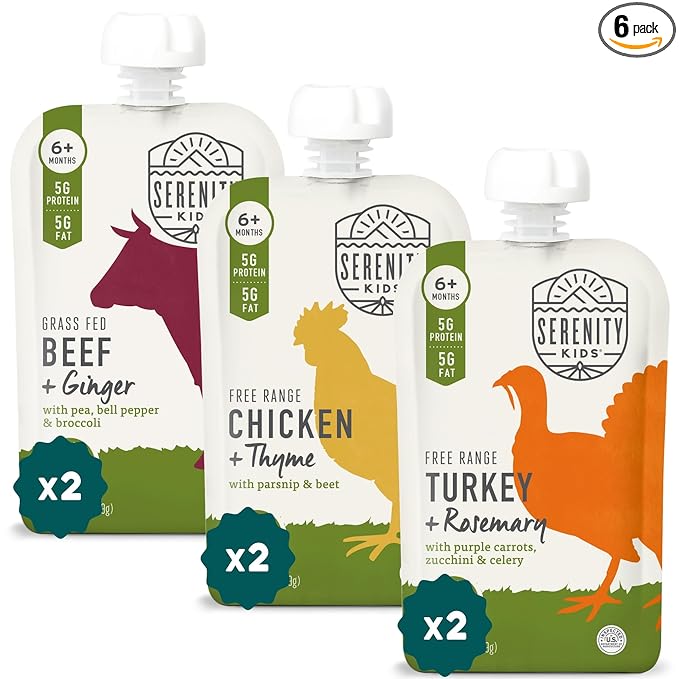 Serenity Kids 6+ Months Baby Food Pouches - Nutrient-Packed Organic Baby Food - Savory Meat & Herb Puree - Protein Pouches with 5g Protein for Toddler Snacks - 3.5 Oz, 6 Pack
