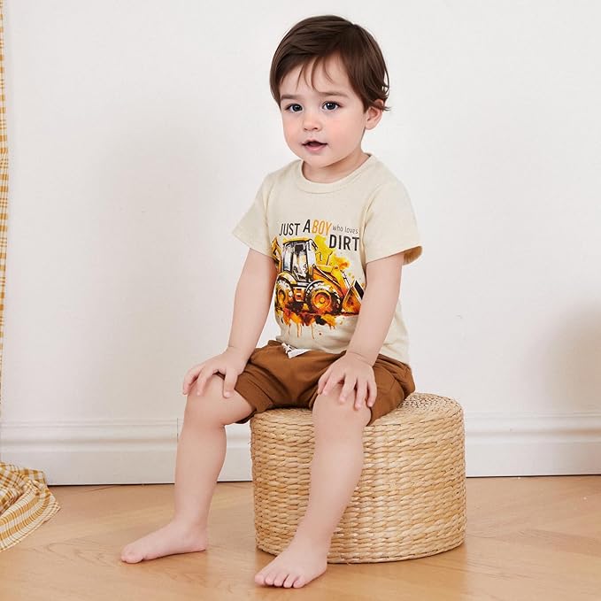 Toddler Baby Boy Clothes Summer Short Sleeve Trucks Tractors Print T-Shirt Tops Solid Color Shorts Set Casual Outfit