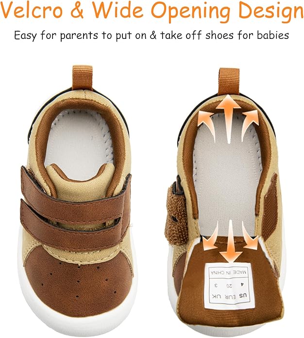 Baby Shoes Boys Girls First Walking Shoes Wide Toe Box Barefoot Zero Drop Infant Shoes Lightweight Nonslip Soft First Walkers PU Leather Toddler Sneakers for 6-24 Months