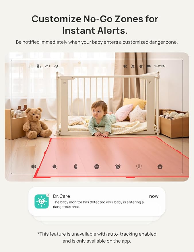 Dr.Care VistaView 5” Smart WiFi Baby Monitor - 2K Camera App Control & 1080P Split Screen, Cry & Motion Detection, Pan-Tilt-Zoom, Night Vision, Video Recording, Triple Security, 2-Way Audio, 5000mAh