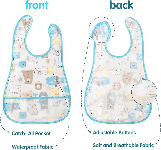 R HORSE 5Pcs Baby Bibs Set Toddler Bibs with Crumb Catcher Pocket & Snap Button Waterproof Baby Feeding Bibs for 6-24 Months