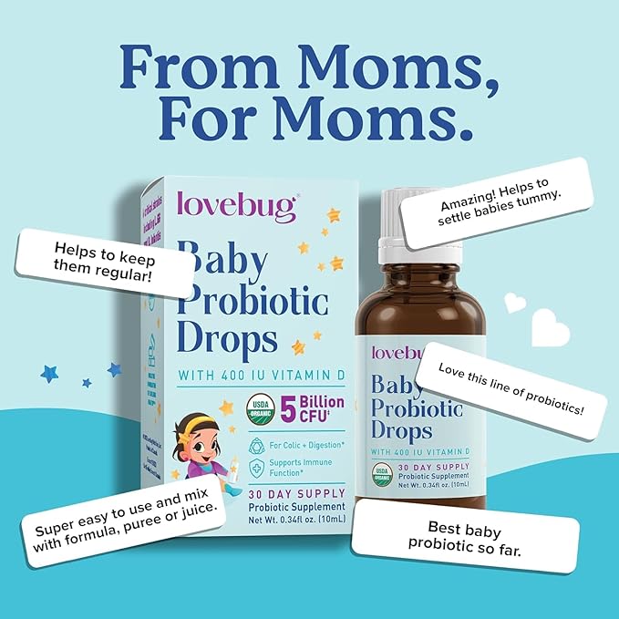 LOVEBUG Baby Probiotic Drops - Organic Probiotics for Immune Support and Baby Constipation & Colic Relief - Tasteless & Sugar-Free Liquid Drops for Newborns, Babies & Infants (0-12 Months) - 20ml
