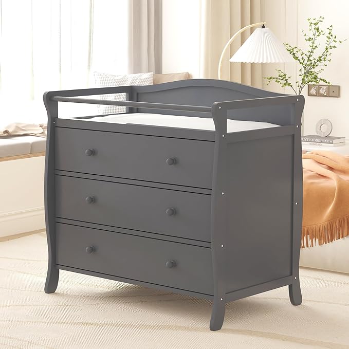 Wooden Diaper Changing Table, Baby Diaper Changing Station Infant Nursing Table with 3 Drawers, Safety Rail & Strap, Modern Baby Changing Table for Bedroom, Nursery