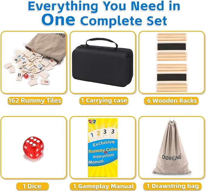 Upgraded Rummy Cube Game Set 6 Plays with 6 Wooden Holders and 162 Rummy Tiles, Travel and Family Board Game for Adults and Kids Age 8+,Birthday Gifts for Women Men Dad Mom