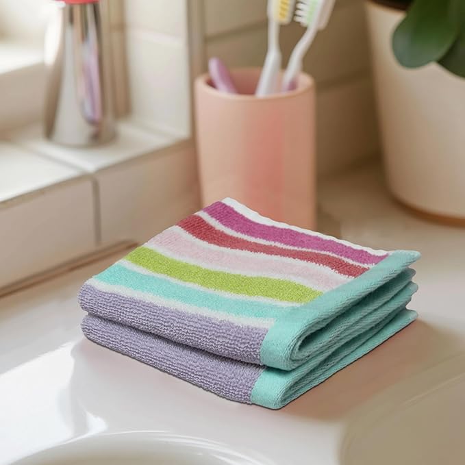 ORIGINAL KIDS Wash Cloth - Set of 12 Stripe Washcloths - 100% Cotton Yarn-Dyed Terry - 450 GSM Quick Dry Soft Absorbent Gentle Baby Face Towels for Bathroom Travel Daycare - 12 x 12 - Pink Multi