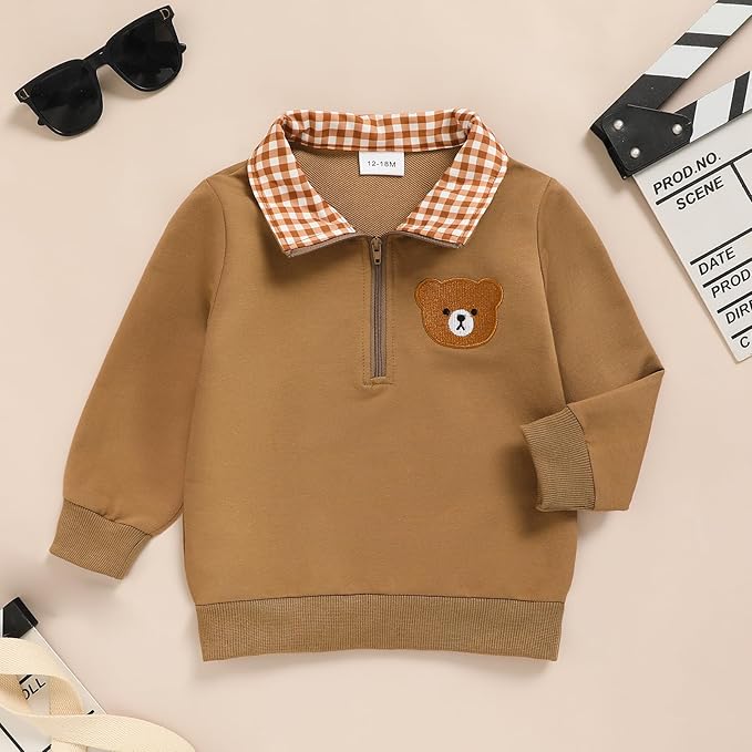 Toddler Boy Quarter Zip Collared Pullover Long Sleeve Fall Winter Baby Boy Clothes Outfit 12M-4T
