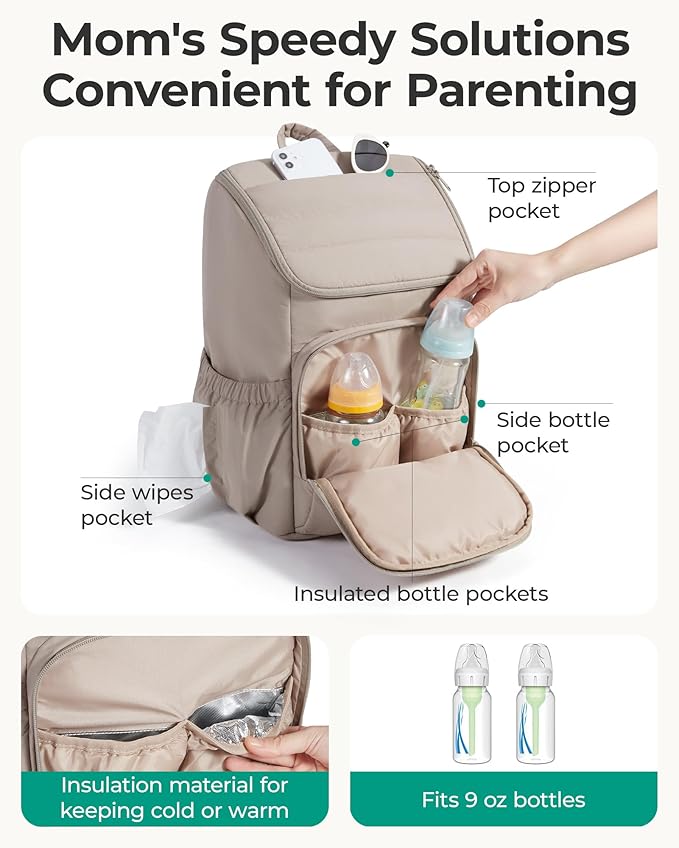 BAGSMART Diaper Bag Backpack, Large Baby Diaper Bag, Quilted Puffy Baby Bag for Mom with Quick-access Insulated Pockets, Lightweight Versatile Travel Backpack