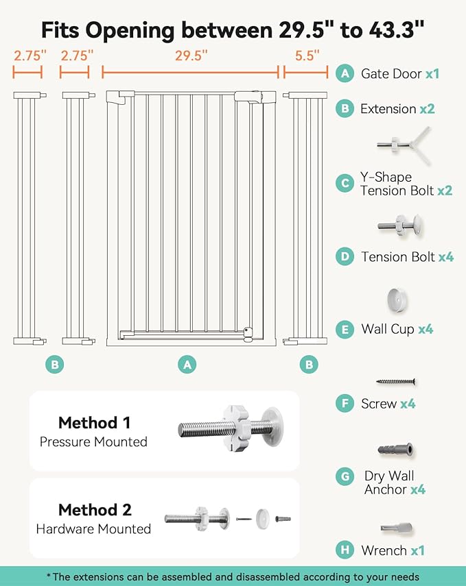 COMOMY 42" Extra Tall Baby Gate for Stairs Doorways, Fits Openings 29.5" to 43.3" Wide, Auto Close Sturdy Safety Dog Gate for House, Pressure Mounted Easy Walk Through Pet Gate with Door, White
