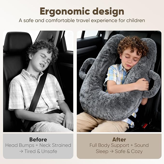 Car Pillow for Kids, Travel Pillow for Car Sleeping, Head and Neck Support Cushion with Removable Inner Insert, Washable Cover (Darkgray)