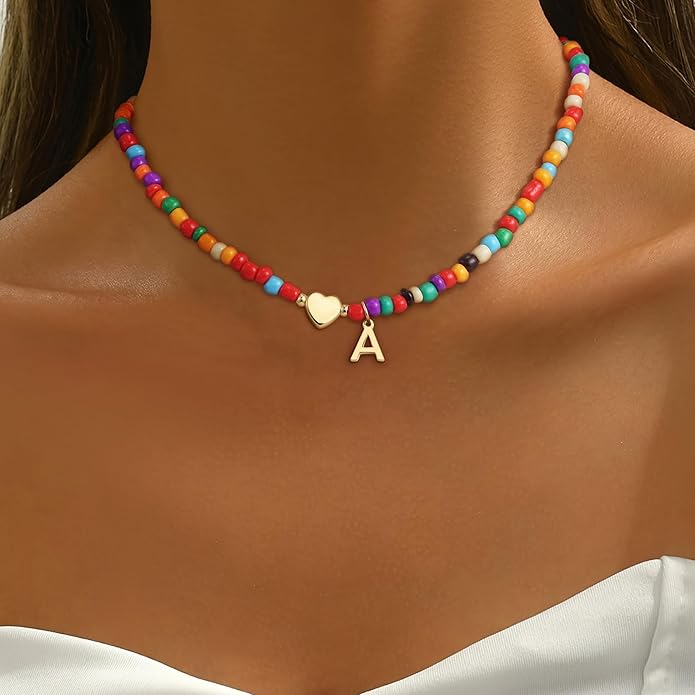 Valentines Day Gifts for Kids Women Girls - Colorful Beaded Initial Necklace Teen Girls Trendy Stuff Dainty Letter Choker Necklace Valentines Day Gifts for Her Mom Wife Jewelry