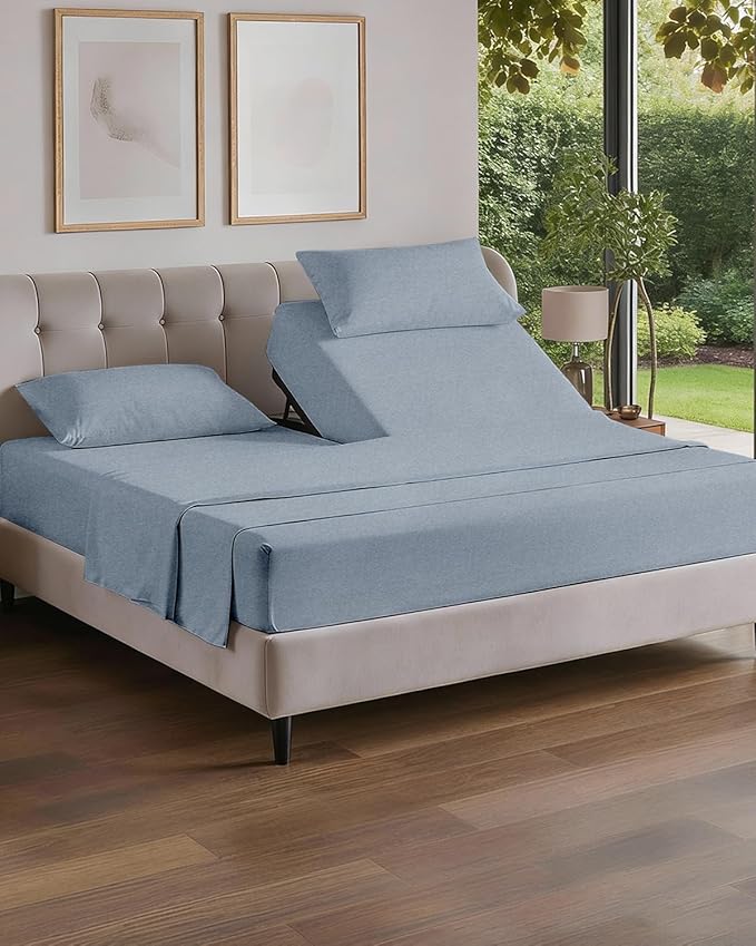 Split Head King Sheet Set – 4 Piece Flex Split Top King Sheets for Adjustable Beds - Fits 14” to 16" Mattress w/ Deep Pockets - Breathable & Cooling - Luxury Bedding and Wrinkle Free - Heathered Blue