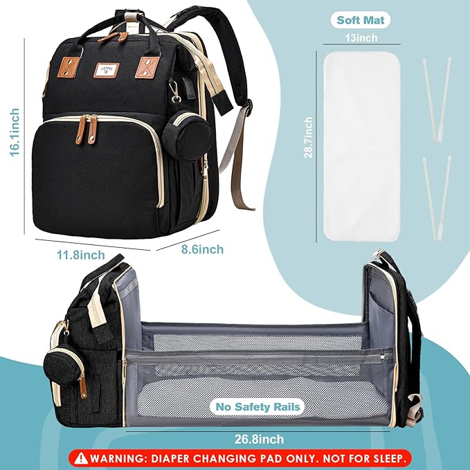 Diaper Bag Backpack, Large Waterproof Lightweight Diaper Bag with Changing Station, Insulated Pockets, USB Port, Travel Bag for Mom and Dad (Black)