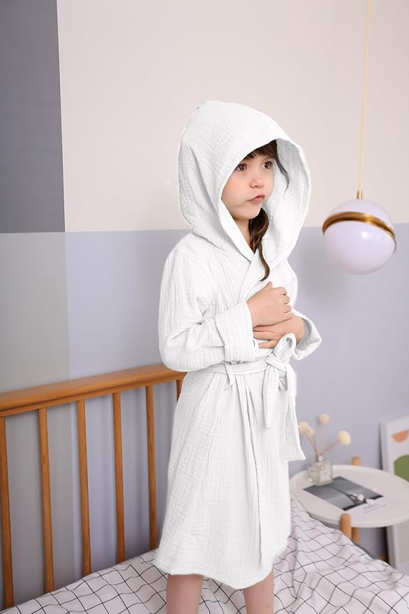 Organic Cotton Toddler Bathrobe, Soft and Breathable Baby Robe for Kid, Boy& Girl Hooded Robe Muslin