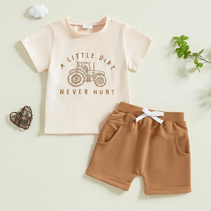fhutpw Toddler Baby Boy Summer Clothes Tractor Letter Short Sleeve T-Shirt Tops Pockets Casual Shorts Set Infant Outfits
