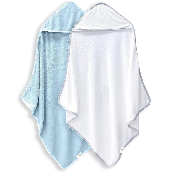 2 Pack Baby Bath Towel - Rayon Made from Bamboo, Ultra Absorbent - Ultra Soft Hooded Towels for Kids - X Large Size for 0-7 Yrs (White and Blue, 37.5 x 37.5 Inch)