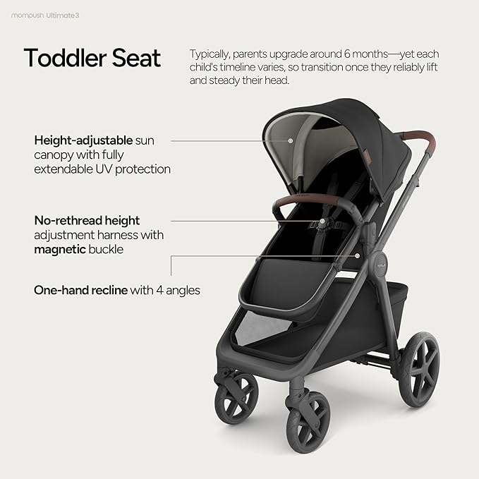 Mompush Ultimate 3 Full Size Baby Stroller with Bassinet from Newborn to 50 lbs - All-Terrain Large Wheels with Full Suspension, Reversible & Extendable Seat for Growing Kids, One-Second Compact Fold