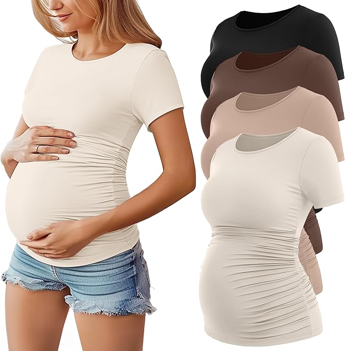 Huukeay 4 Pack Women's Maternity Shirts, Crew Neck Maternity Top Short Sleeve Casual Cotton Tee Side Ruched Pregnancy Clothes