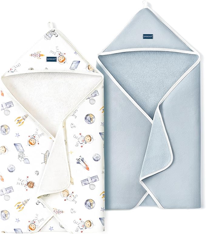 GRSSDER Baby Hooded Towel 2 Pack for Newborn, Super Soft Bath Towels with Original Designs, Ultra Absorbent Knit Terry, Large Toddler Towels with Hood for Boys Girls, Shower Gifts for Infant,34"x 34"
