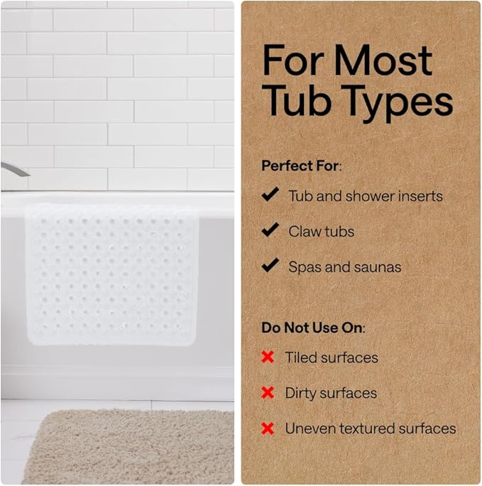 GORILLA GRIP Patented Bath Tub Shower Mat, 2 Pack, Machine Washable Bathtub Floor Liner Mats, Suction Cups and Drain Holes to Keep Tubs Clean, Soft on Feet, Bathroom Essentials, 35x16 Inch, White