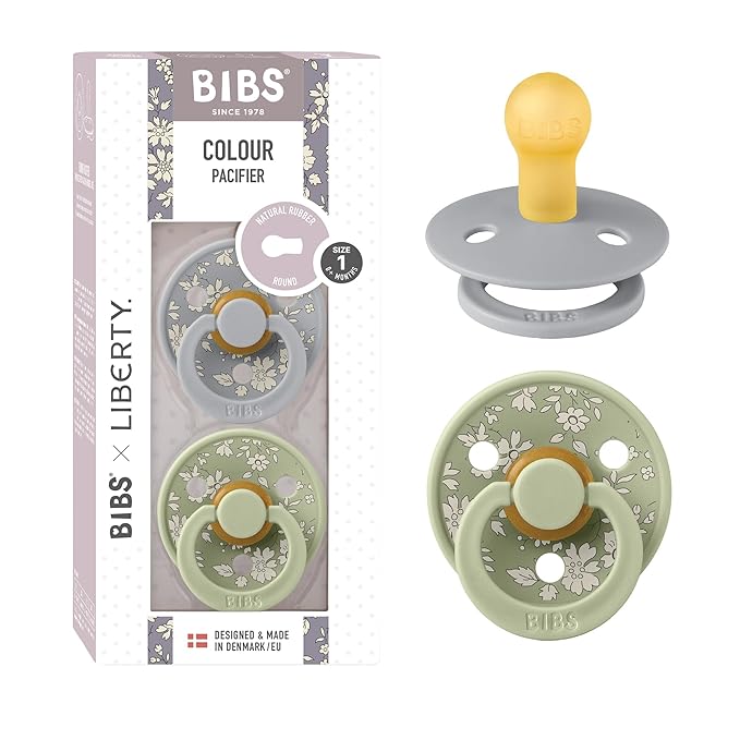 BiBS Liberty Pacifier 2-Pack, BPA Free Pacfiers with Natural Latex Round Nipple, Made in Scandinavia, Size 1 (0-6 Months), Capel Sage