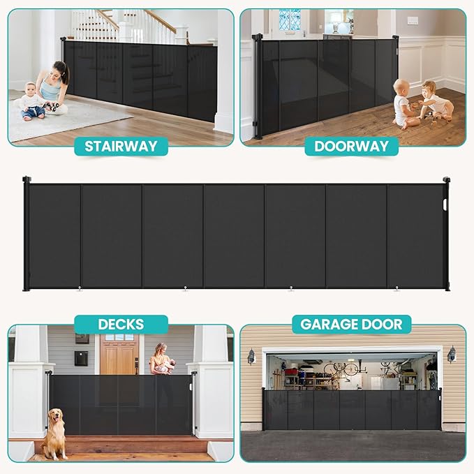 Upgrade Retractable Baby Gates Extra Wide (120" W x 42" H), 120 inch Reinforced Retractable Dog Gate to Prevent Crawling Through, Retractable Gate Outdoor/Indoor, Real One-Handed Operation, Black