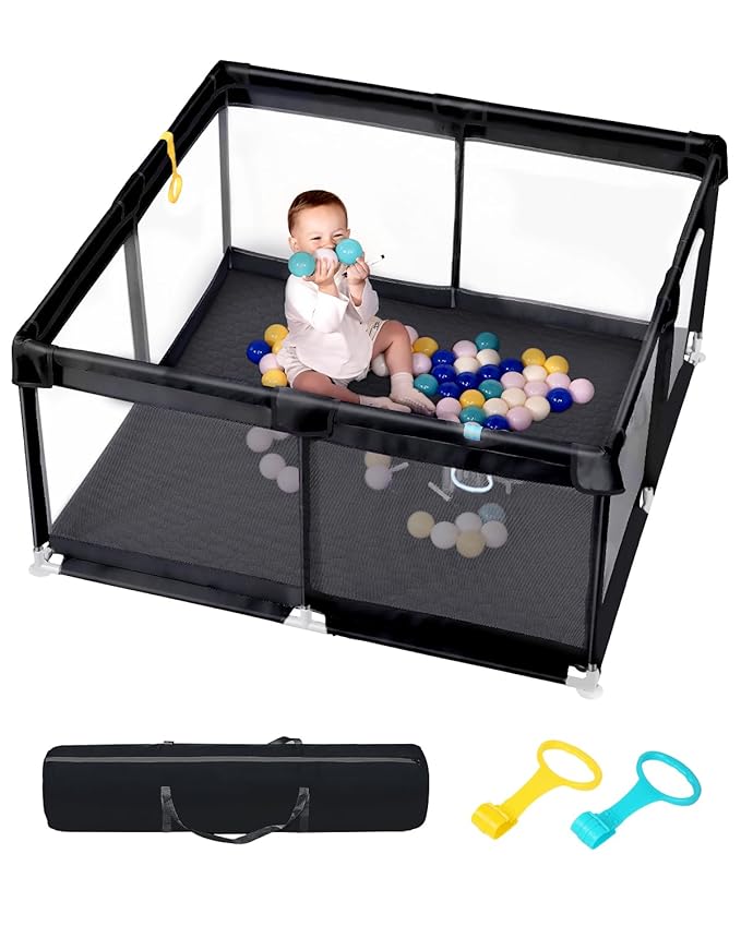 Baby Playpen with Mat, 50" x 50" Extra Large Play Yard for Babies and Toddlers, Baby Fence with Soft Thick Play Mat, Indoor Safety Activity Center for Infants, Easy to Assemble and Clean（Black）