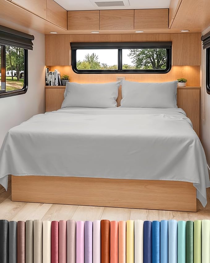 RV Short Queen Sheet Set 60 X 75 - 4 Piece RV Short Queen Bed Sheets - Soft, Breathable & Cooling - Designed for Bunks, Trailers & Camper - Fits 8” to 12" Mattress - Hotel Luxury Bedding - French Grey