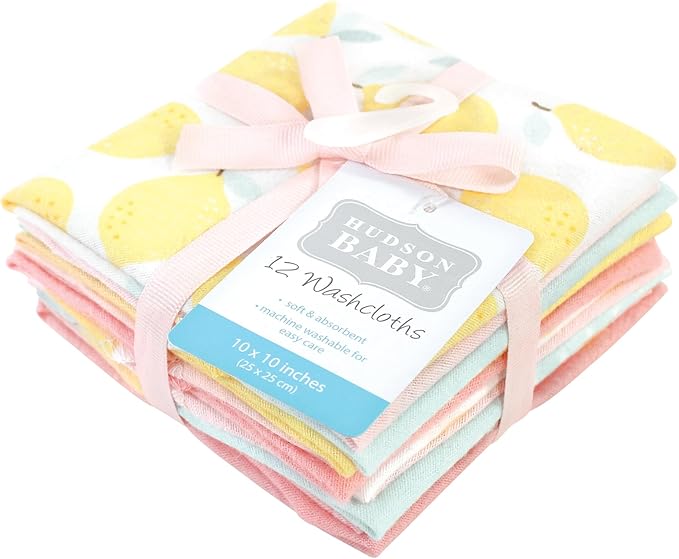 Hudson Baby Unisex Baby Flannel Cotton Washcloths, Lemon Daisy 12 Pack, One Size