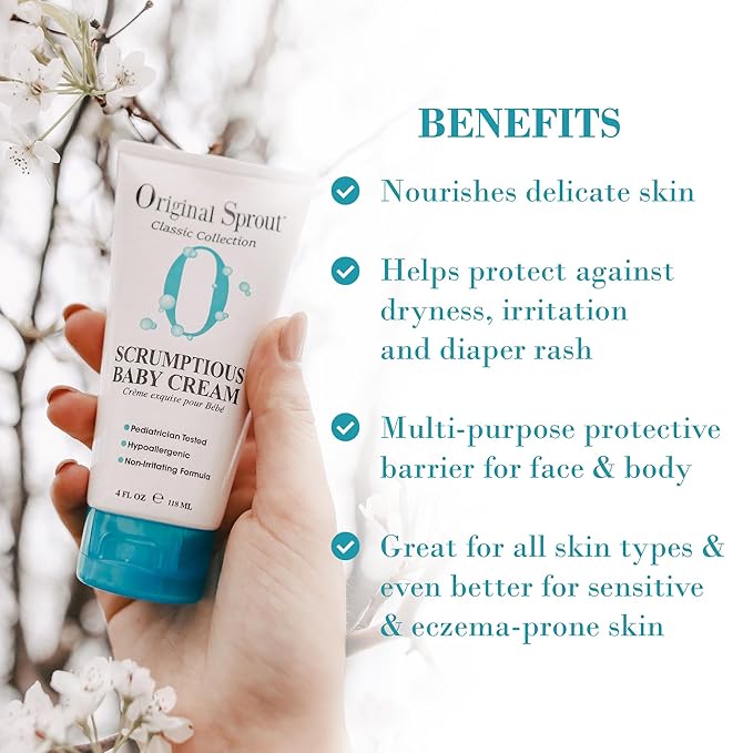 Original Sprout Scrumptious Baby Cream for Sensitive Skin & Diaper Rash, Gentle Non-Greasy Baby Lotion with Zinc Oxide & Calendula, Moisturizing Face & Body Cream, 4 fl oz