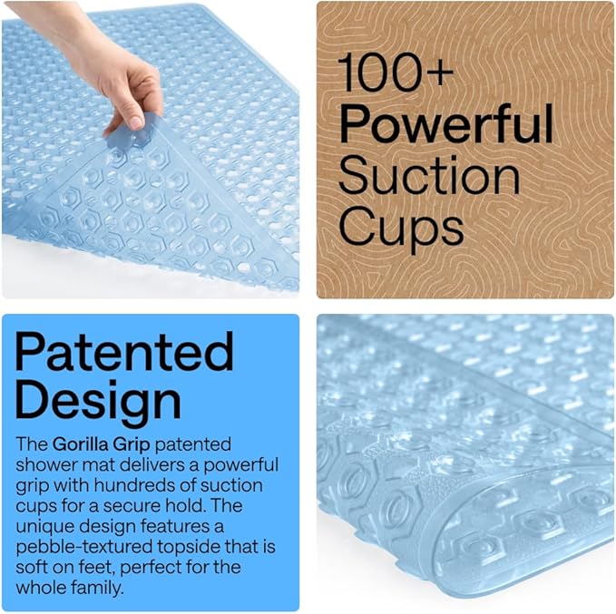 GORILLA GRIP Patented Square Shower Stall Mat, Small Bathtub Floor Mats for Stand Up Showers with Suction Cups and Drainage Holes, Machine Washable, Soft on Feet, Bathroom Accessories 21x21 Inch, Blue