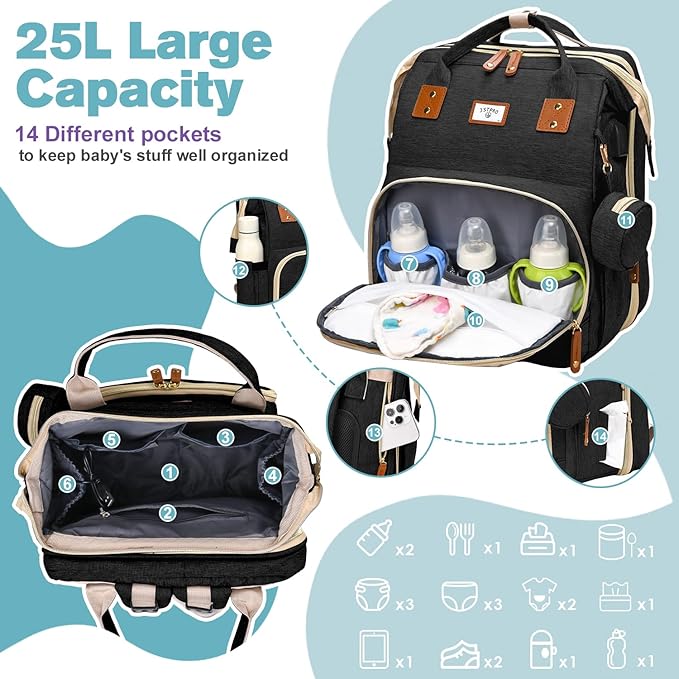 Diaper Bag Backpack, Large Waterproof Lightweight Diaper Bag with Changing Station, Insulated Pockets, USB Port, Travel Bag for Mom and Dad (Black)